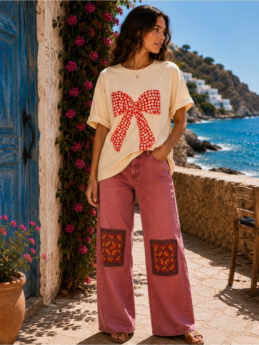 New S/M Sage + Fig Cream Short-Sleeve Tee with Red Polka Dot Bow Boho
